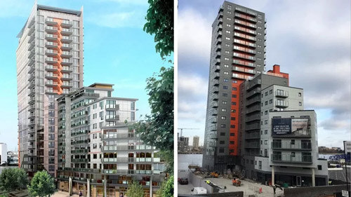 Greenwich, London apartment building, planned next to actual building