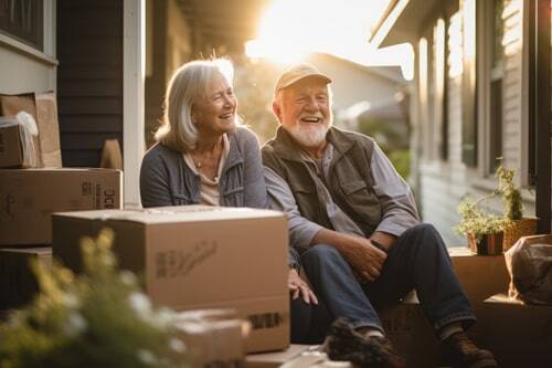 Ai happy elderly couple sitting on the front doorstep of home